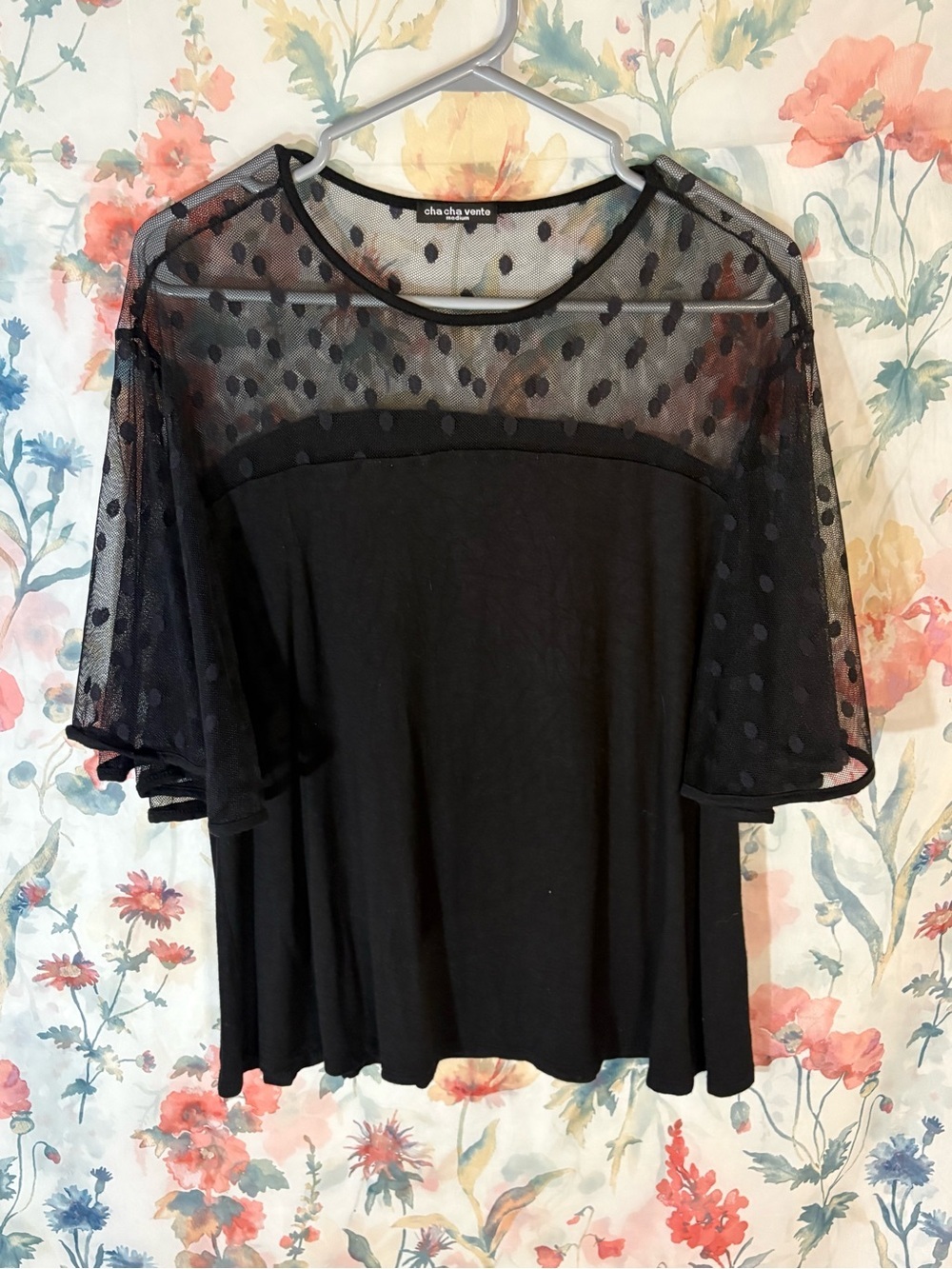 Vintage cha cha vente Black Sheer Polka Dot Overlay Blouse